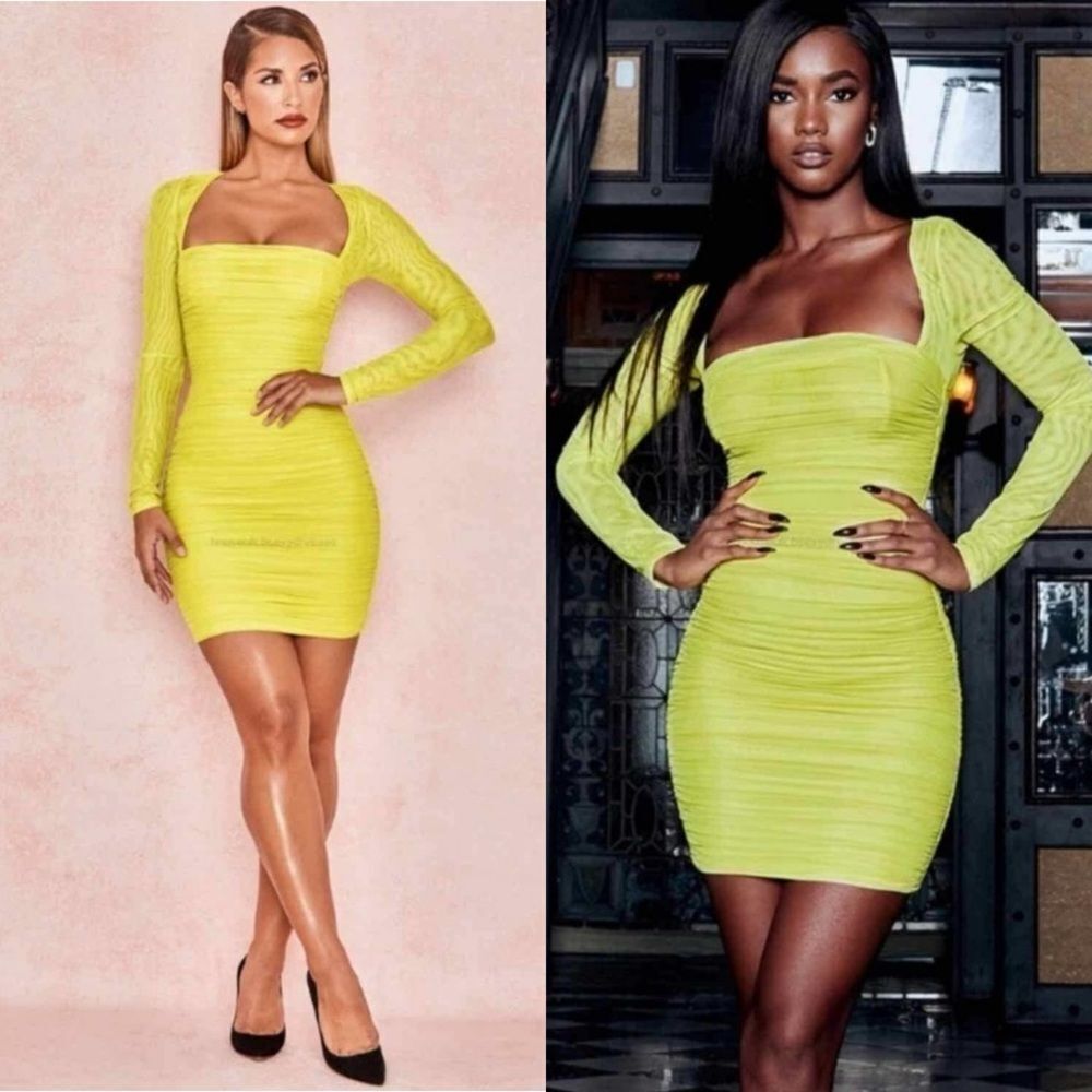 NWT House of CB Valentina Mini Yellow Dress Long Sleeve Ruched Organza Size XS